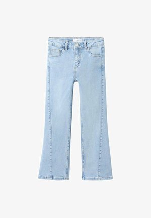 Vaaleansiniset farkut, joissa on levenevä lahjemalli, viisi taskua ja vetoketjukiinnitys. Pehmeä materiaali, jossa on kontrastikirjailut.