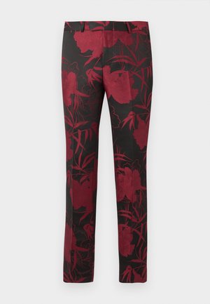 Schwarze Hosen mit einem floralen Muster in Dunkelrot, einem glatten Stoff und einer taillierten Passform. Standardbund und gerades Bein Design.
