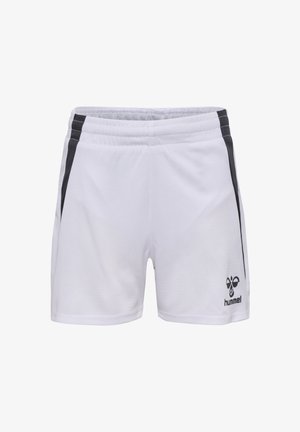 Weiße Sportshorts mit schwarzen Seitenstreifen, elastischem Bund, aus atmungsaktivem Material, mit einem Logo am unteren rechten Bein.