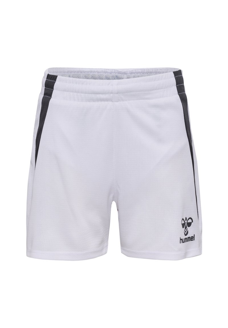 Pantaloni sportivi bianchi con strisce nere sui lati, cinturino elasticizzato, realizzati in tessuto traspirante, con logo sulla parte bassa della gamba destra.