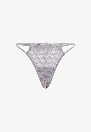 Grauer Spitzen-Thong mit gesteppter Textur, gewellten Kanten und dünnen Seitenträgern mit floralem Muster. Dünner elastischer Bund für perfekten Sitz.