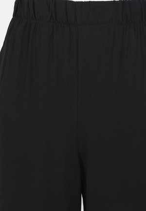 Pantaloni a gamba larga neri con cintura elastica. Il materiale sembra morbido e leggero con una texture liscia. Nessun motivo o accento visibile.