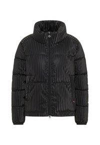Czarna kurtka puchowa z pionowymi teksturowanymi paskami, wysoki kołnierz, zamek błyskawiczny z przodu i elastyczne mankiety. Posiada kieszenie boczne.
