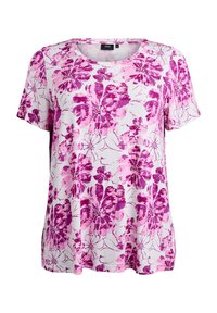 Balta trumpa rankovė T-shirt marškinėliai su ryškiu purpuriniu gėlių raštu. Turi apvalų iškirpimą ir laisvą, atsipalaidavusį siluetą. Minkšta medžiagos tekstūra.