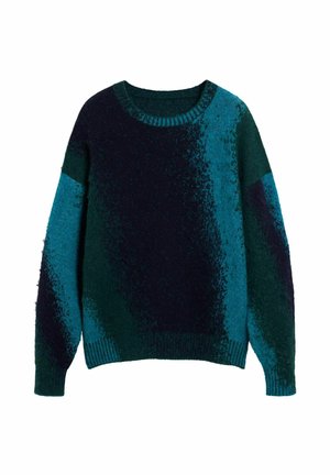Maglione a maniche lunghe con scollo rotondo e una texture morbida, caratterizzato da un gradiente di colore scuro che va dal blu navy profondo al verde teal.