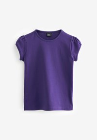 T-shirt court à manches courtes de couleur violette en coton doux, avec un col rond et des manches légèrement bouffantes pour ajouter de la texture et un détail de design.