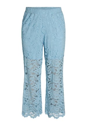 Lyseblå blondecropped bukser med blomsterprint, elastisk taljebånd og bølget kant.