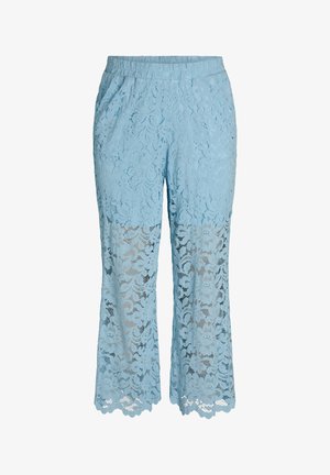 Svetlomodré krajkové skrátené nohavice s kvetinovým vzorom, elastickým pásom a vlnitým lemom.