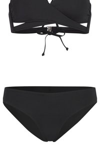 Svart bikinitopp med trekantet design og kryssremmer, samt frontlås, kombinert med lavtsittende truser. Glatt og elastisk stoff.