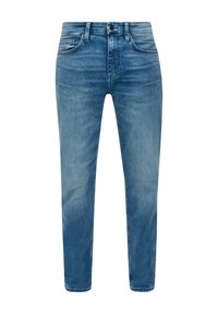 Lichtblauwe denim jeans met een rechte pasvorm, vijf-pocket ontwerp en gestikte details. Verbleekte textuur en een ritsluiting.