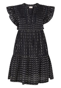 Marineblaues Kleid mit Rüschensäumen, das ein strukturiertes Muster aus hellen Zickzacklinien aufweist. Glockenrock mit einem gestuften Design und knöpfbarem Ausschnitt.