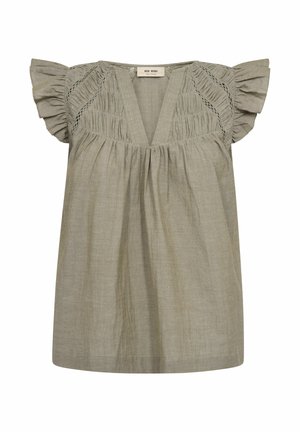 Bluza verde măsliniu deschis cu mâneci scurte, decolteu adânc în V, detalii drapate, inserții din dantelă pe umeri și margini cu volane la mâneci.