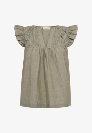 Bluza verde măsliniu deschis cu mâneci scurte, decolteu adânc în V, detalii drapate, inserții din dantelă pe umeri și margini cu volane la mâneci.