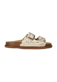 Geweven metalen gouden slippers met twee verstelbare gespen, een tan gekleed voetbed en een bruine rubberen zool.