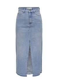Jupe midi en denim bleu clair avec une fente à l'avant, taille classique et fermeture éclair. Présente deux poches arrière et une finition soignée.