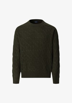 Ciemnozielony sweter w warkocze z okrągłym dekoltem i ściągaczami. Wykonany z textured materiału, z charakterystycznym wzorem ściegów w całej konstrukcji.
