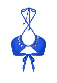 Blauwe bikini-top met halternek; voorzien van geplooide stof, decoratieve goudkleurige schelpaccenten aan de voorkant en een strik aan de achterkant.