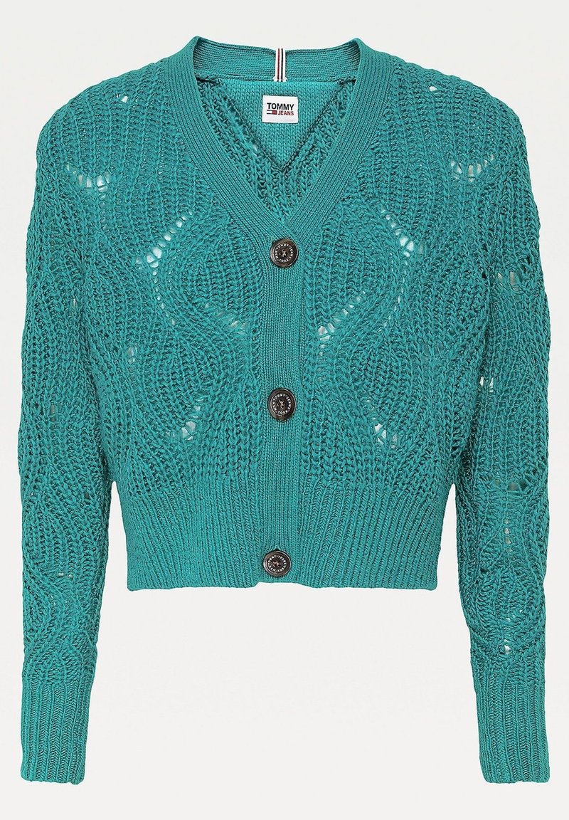 Teal knitted cardigan with a V-neck, button closure, and textured pattern. Features long sleeves and a cropped length.