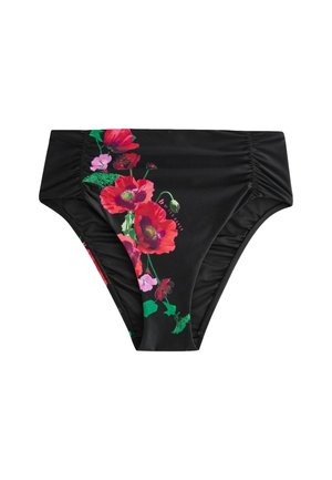 Zwarte bikinibroekjes met hoge taille met rode en roze klaprozen en groene bladeren bedrukt aan één kant.