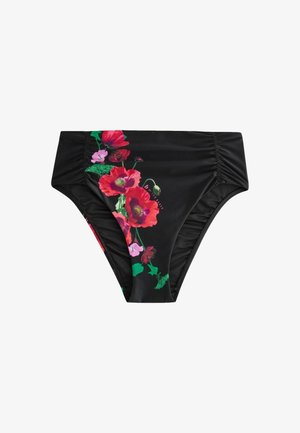 Black high-waist bikini bottoms with red and pink poppy flowers and green leaves printed on one side.