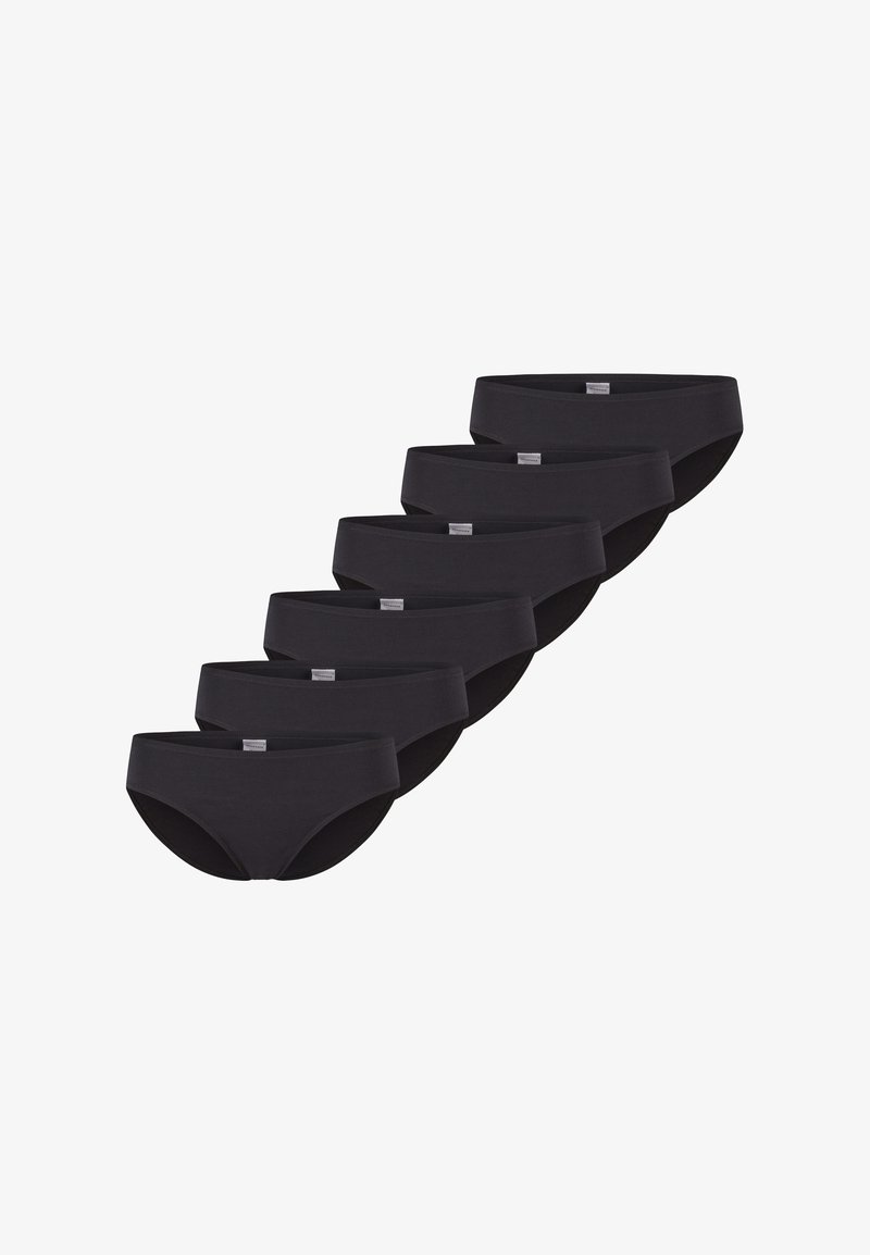 Six culottes bikini pour femmes, toutes noires et identiques, disposées en diagonale sur un fond blanc.