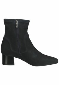 Bottines noires en daim, avec une fermeture éclair latérale, un bout pointu et un petit talon bloc. Matériau texturé avec des coutures contrastées.