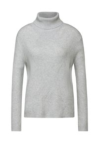 Vaaleanharmaa korkeakauluksinen neulepusero, jossa on ribbikuvio, pitkät hihat ja etuosassa ommeltu geometrinen kuvio. Pehmeä materiaali.