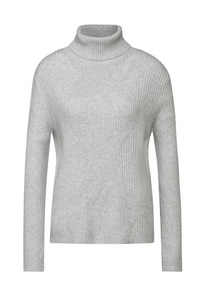 Lichtgrijze coltrui met ribbelstructuur, lange mouwen en een gestikt geometrisch patroon aan de voorkant. Zacht materiaal.