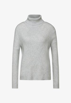 Ljusgrå polotröja med ribbad textur, långa ärmar och ett broderat geometriskt mönster fram. Mjuk material.