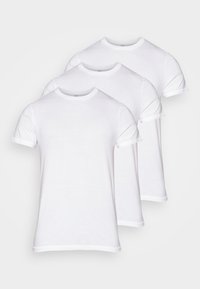 T-shirts en coton blanc, pack de trois, col rond, manches courtes, col côtelé, texture lisse, ourlets plats, sans motifs ni graphiques.