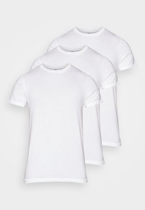 Bijeli pamučni T-shirt majice, tropak, okrugli izrez, kratki rukavi, rebrasta ovratnik, glatka tekstura, ravni rubovi, bez uzoraka ili grafika.