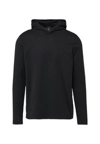 Schwarzer Kapuzenpullover mit langen Ärmeln, aus weichem Stoff. Verfügt über eine Kängurutasche und ein minimalistisches Design ohne Verzierungen.