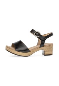 Black leather sandal with an adjustable ankle strap and silver buckle, featuring a wood-textured block heel and open toe design.