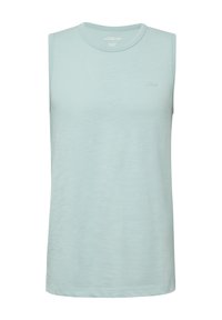 Hellblaues ärmelloses T-Shirt aus glattem Stoff, mit Rundhalsausschnitt und kleinem gesticktem Logo auf der Brust.
