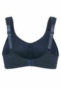 Mörkblå bh med spetsdetaljer, justerbara remmar och krok-och-öga-stängning. Slät tyg med en mjuk textur.