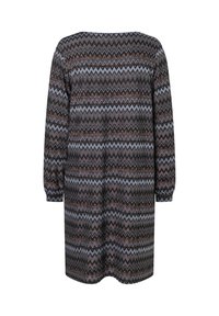 Langärmliges Kleid mit einem Zickzackmuster in Schwarz, Braun und Blau, runder Ausschnitt und lässiger Passform. Weicher Stoff.