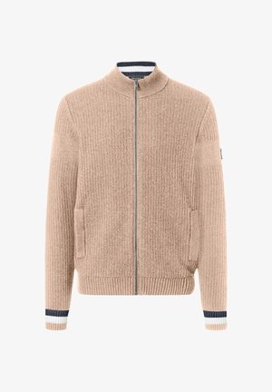 Beige strikket cardigan med lynlås, ribbet krave og manchetter med blå og hvide striber samt forlommer.