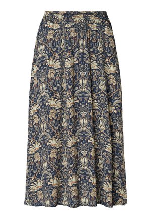 Marineblå midinederdel med beige og lysebrunt indviklet blomster- og vinmønster, elastik i taljen og plisseret stof for en flydende effekt.