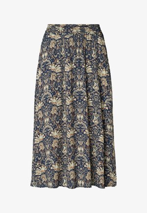 Jupe midi bleu marine avec un motif floral et de vignes beige et marron clair délicat, taille élastique et tissu plissé pour un effet fluide.