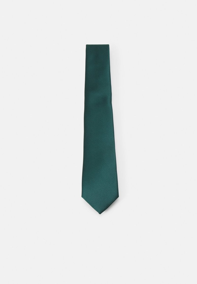 Cravate en soie teal de forme étroite avec une texture diagonale, dotée d'une pointe. Couleur uniforme avec un subtil éclat. Convient pour des tenues formelles.