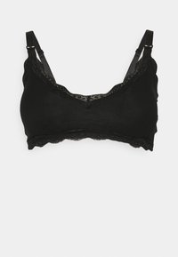 Black bralette with a lace trim, soft fabric, adjustable straps, and a scalloped edge design. Simple, seamless structure for comfort.