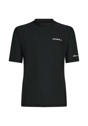 Zwarte rashguard met korte mouwen, gemaakt van elastisch materiaal, voorzien van een hoge halslijn en een wit "O'Neill"-logo op de linkerborst.