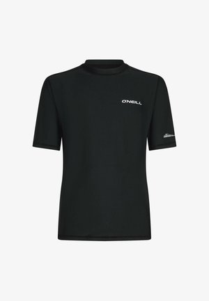 Zwarte rashguard met korte mouwen, gemaakt van elastisch materiaal, voorzien van een hoge halslijn en een wit "O'Neill"-logo op de linkerborst.