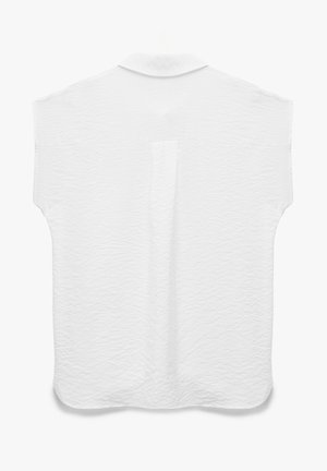 Weißes kurzärmeliges Hemd mit Kragen, aus strukturiertem Stoff und mit einer zentralen vertikalen Naht auf der Rückseite, in entspannter Passform geschnitten.