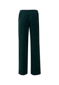 Mörkgröna kordbyxor med lös passform, med en bred midja och en enda bakficka. Tyget har en synlig ribbad struktur.