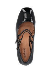 Black patent leather Mary Jane shoe with a square toe, featuring two adjustable straps and a cushioned beige insole.