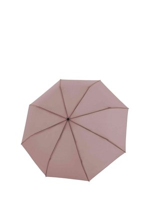 Parapluie mauve ouvert avec huit panneaux et un moyeu central noir, vu de dessus sur fond blanc.