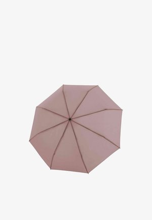 Parapluie mauve ouvert avec huit panneaux et un moyeu central noir, vu de dessus sur fond blanc.