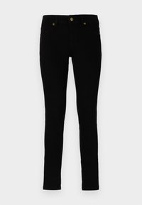 Jeans ajustados negros de mezclilla, con un diseño clásico de cinco bolsillos, botón dorado y acentos de costura en los bolsillos.
