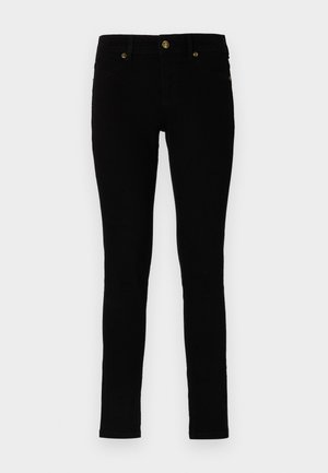 Sorte skinny jeans lavet af denim, med et klassisk fem-lomme design, guldtonet knap og broderede detaljer på lommerne.